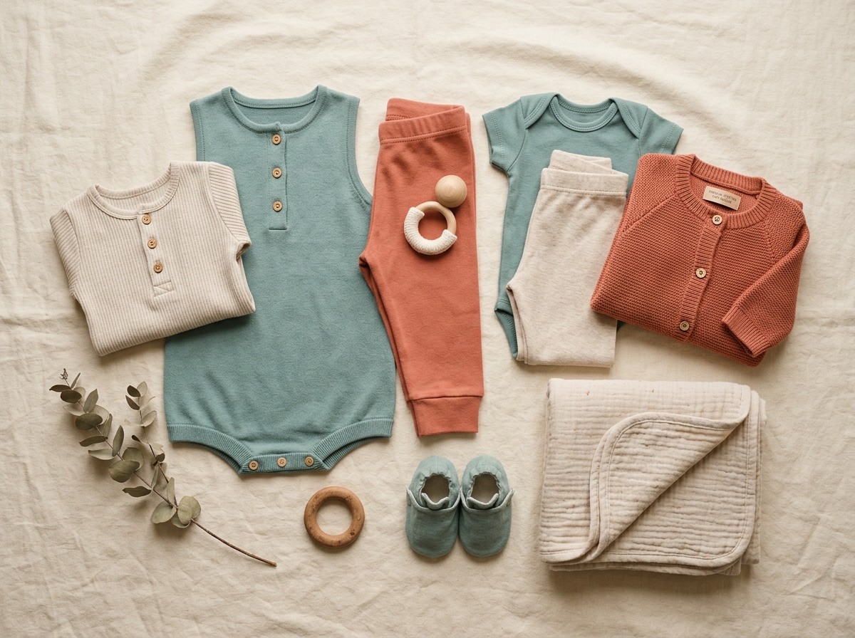 Organic cotton baby romper set and knit cardigan flatlay