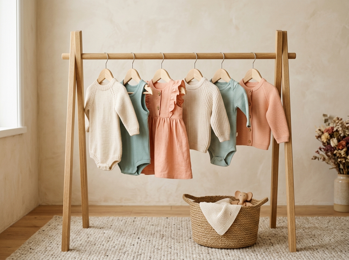Toddler and kids pastel clothes on wooden nursery clothing rack